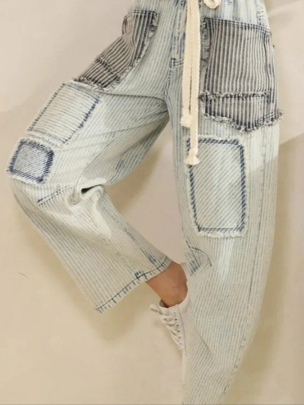 OLI & HALI Patchwork Barrel Jeans, Mixed Stripes & Rope Drawstring Waist, NWT, S